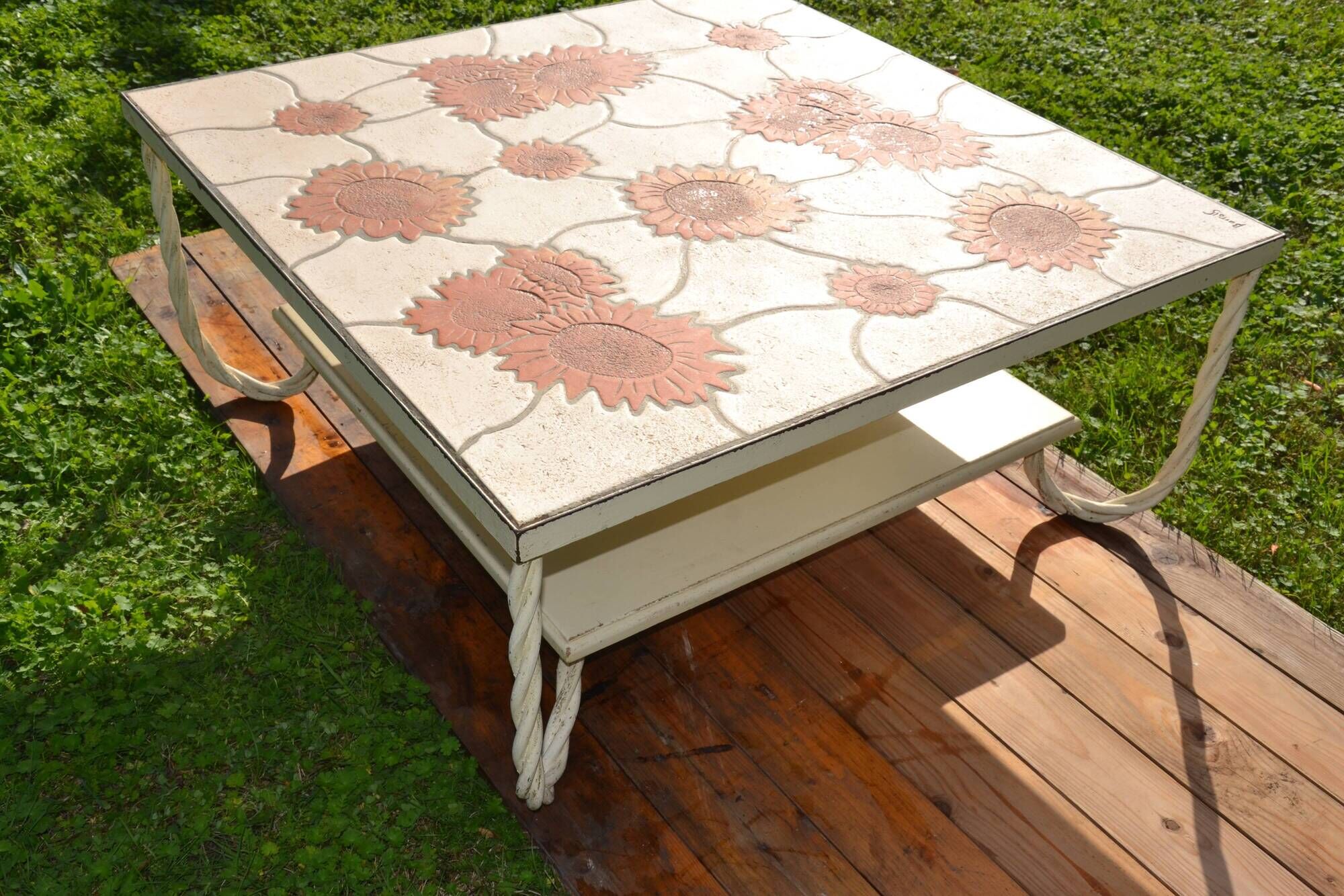 Ceramic coffee table Vallauris "Sunflower" signed Barrois