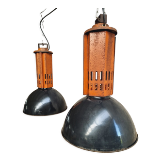 Set of industrial hanging lamps french enamel factory lamps