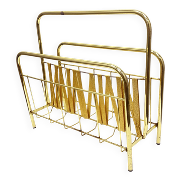 Vintage brass and fabric newspaper rack, 1970s Germany, Hollywood Regency s