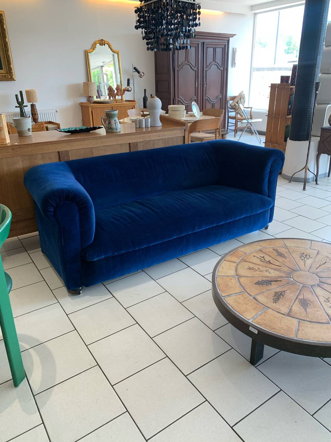 English Velvet Sofa, Blue, Circa 1950s Vintage