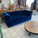 English Velvet Sofa, Blue, Circa 1950s Vintage