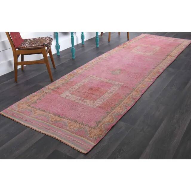 1970s Vintage Turkish Hand-Knotted Wool Cotton Pink Runner Rug 110x361