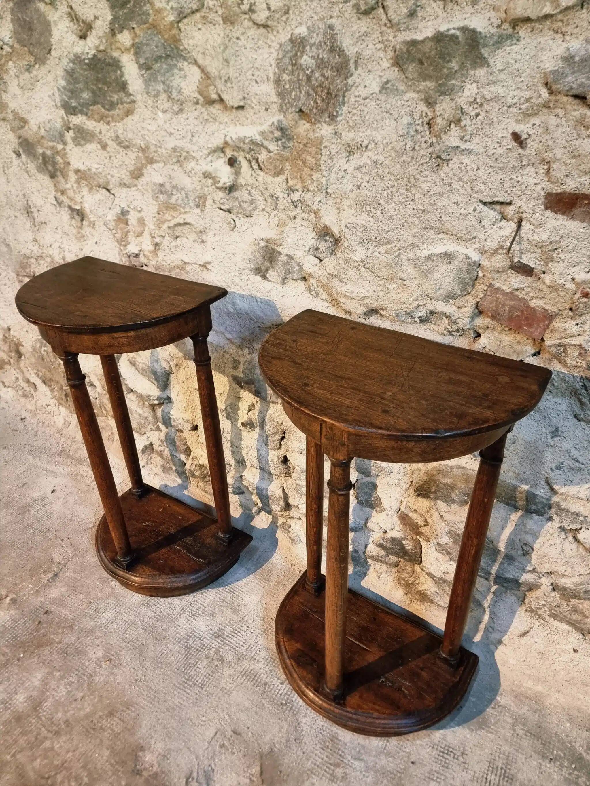 Pair of antique solid wood half-moon side tables, 19th century