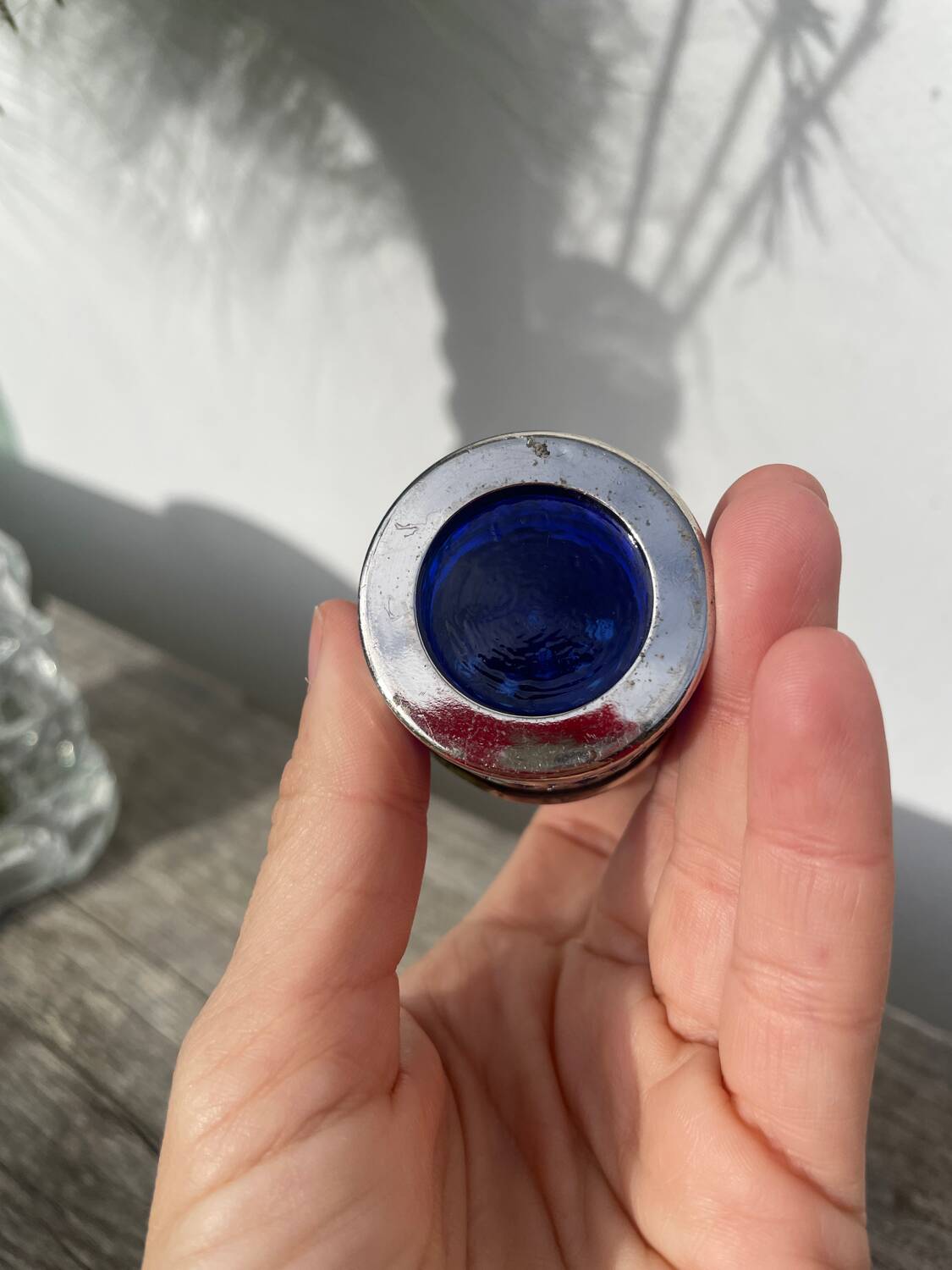 Silver-plated metal and blue glass salt and pepper shaker