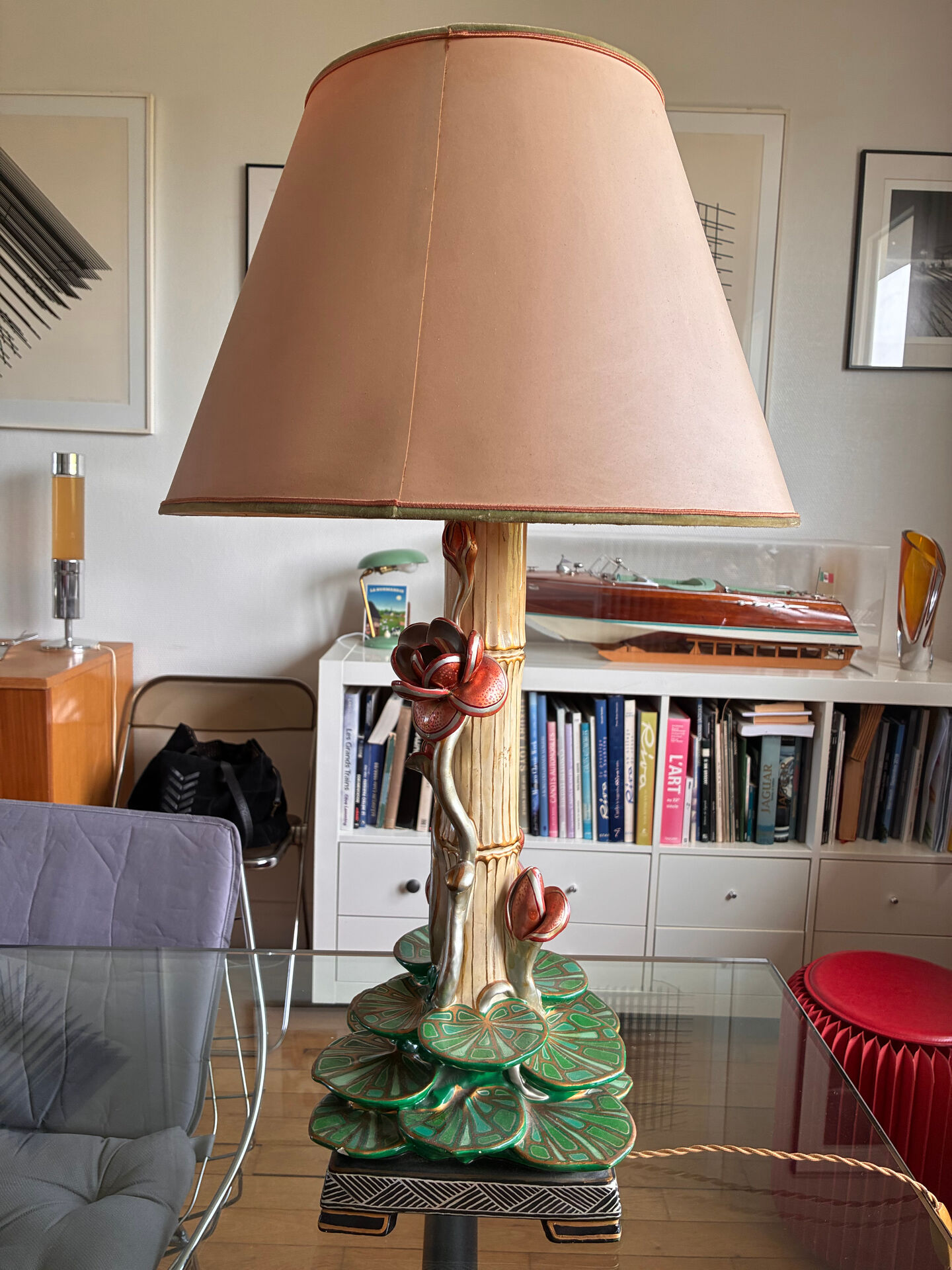 Large ceramic lamp with slip decoration signed F.D.