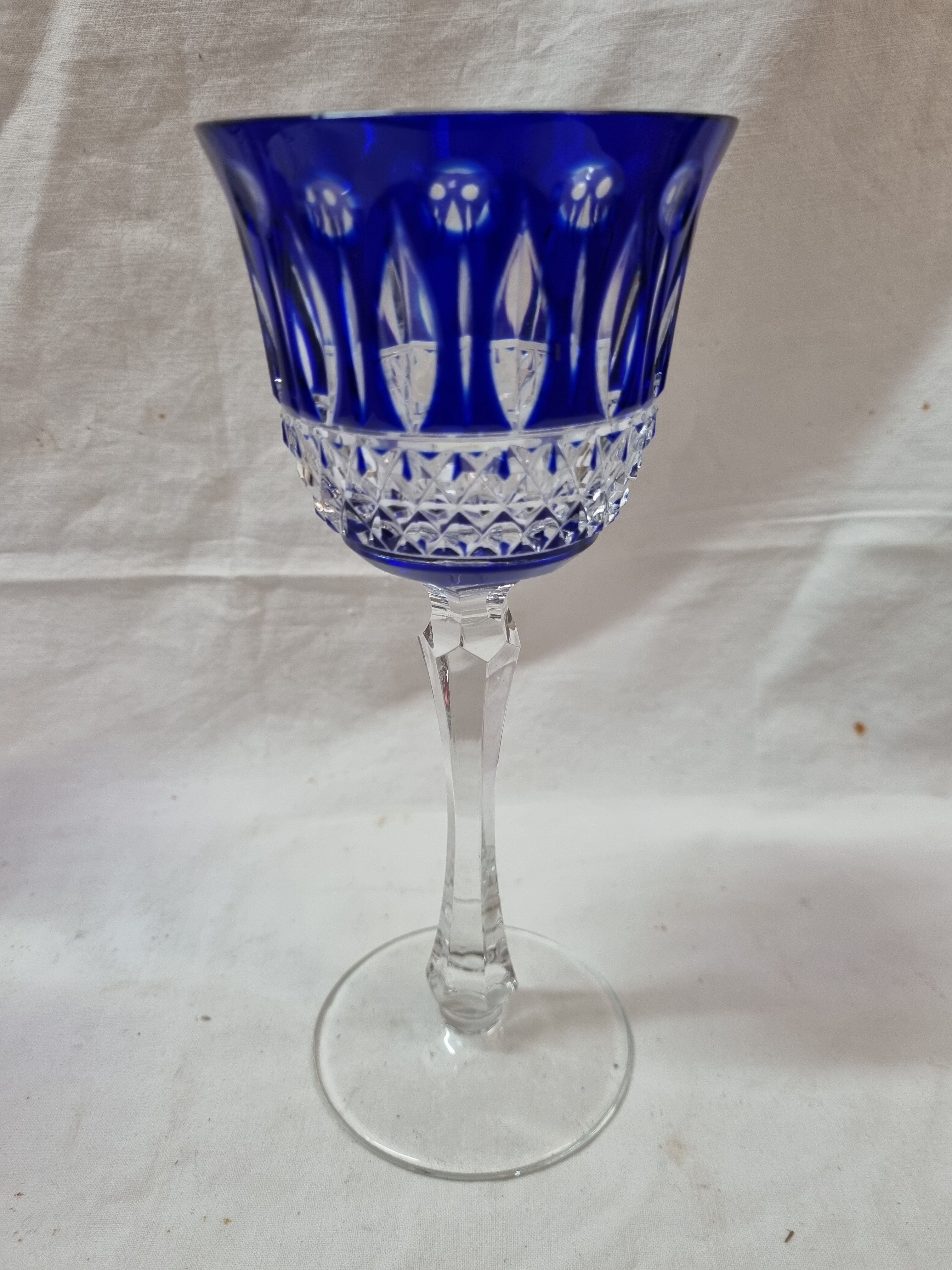 6 crystal blue foot glasses St Louis, 1970-80