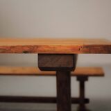 Table and pair of benches in solid pine – France, circa 1970