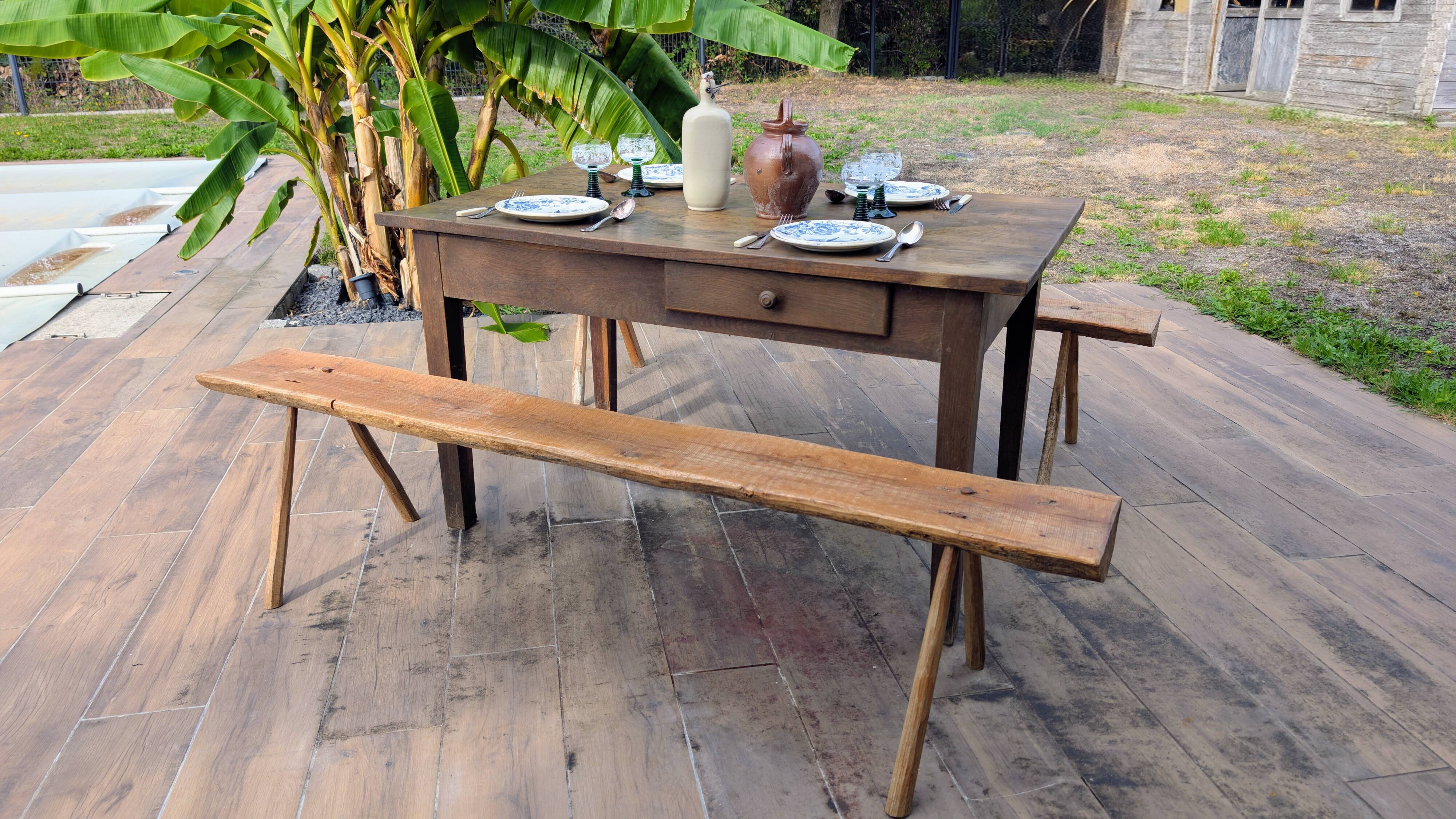 Pair of brutalist wooden benches – 70s design style