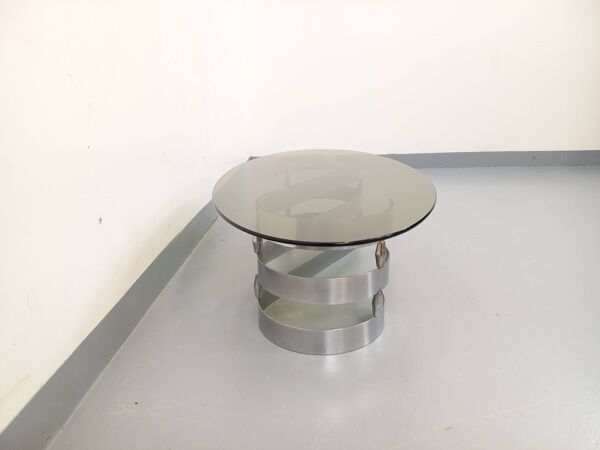 Table basse ovale vintage en verre fumé et métal chromé des années 70