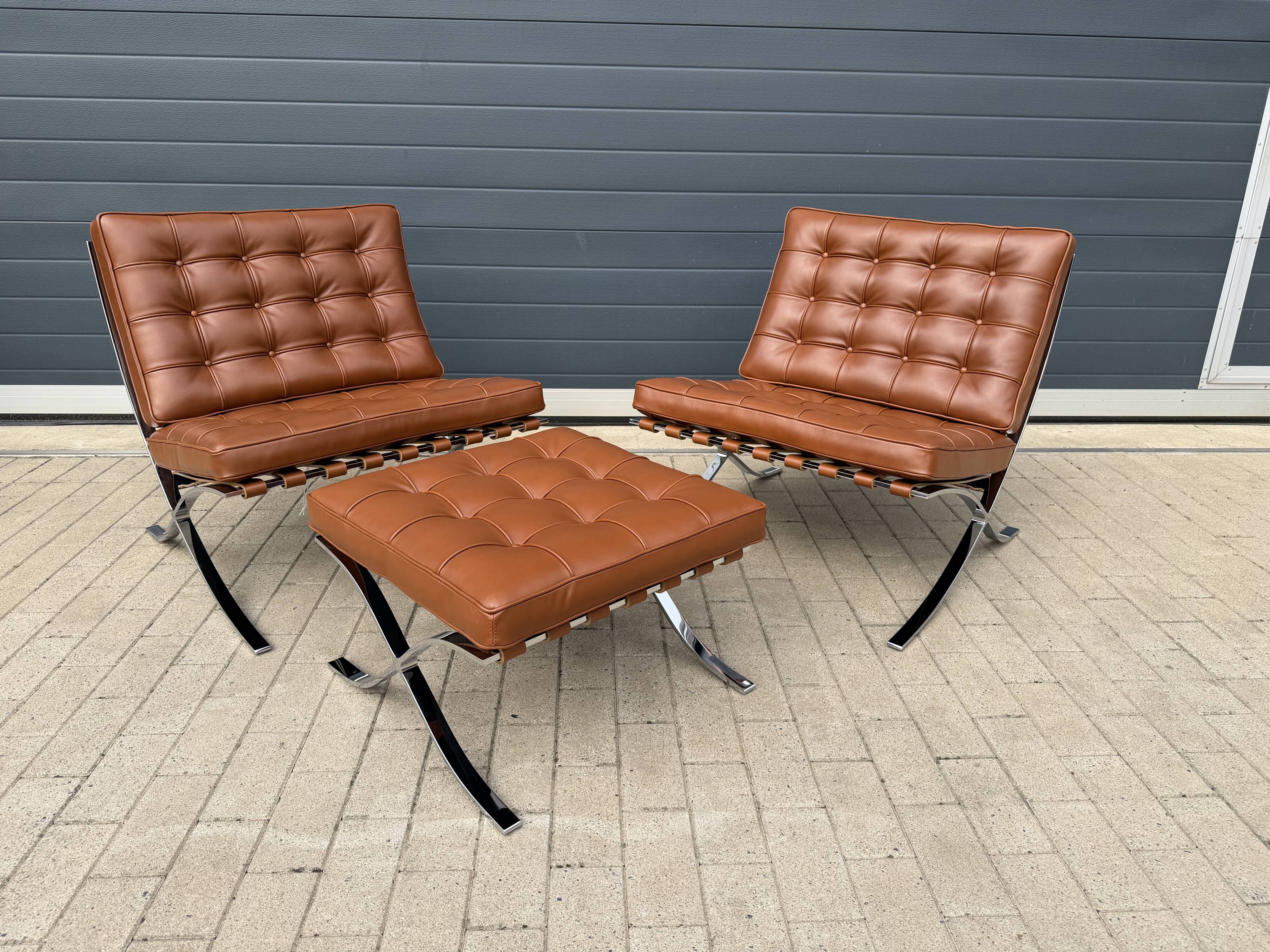 2x brand new original knoll barcelona relax + ottoman, venezia cognac leather