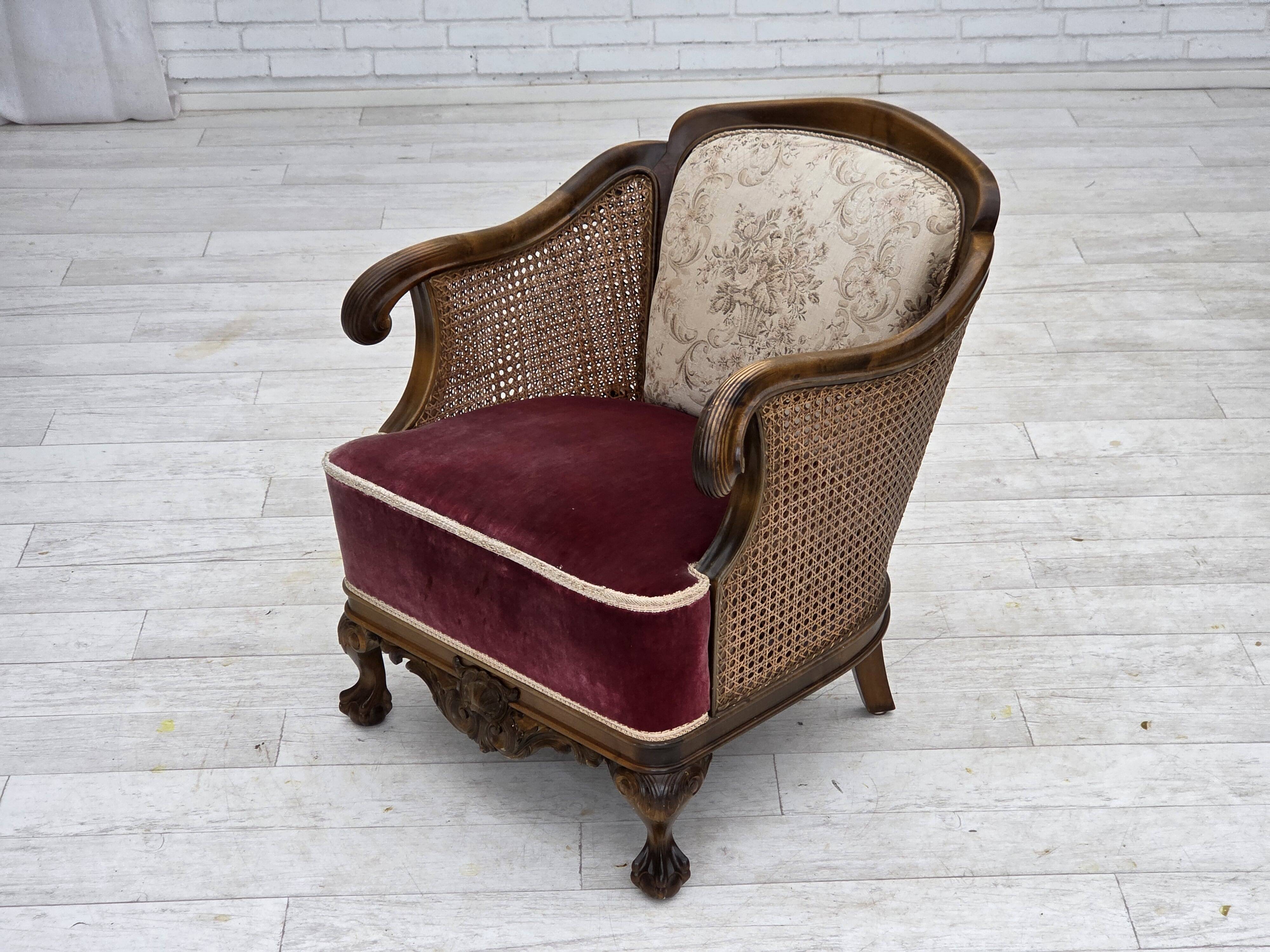 1940s, Danish armchair, woven wool, velour, mesh, carved oak wood.