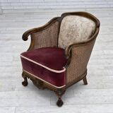1940s, Danish armchair, woven wool, velour, mesh, carved oak wood.