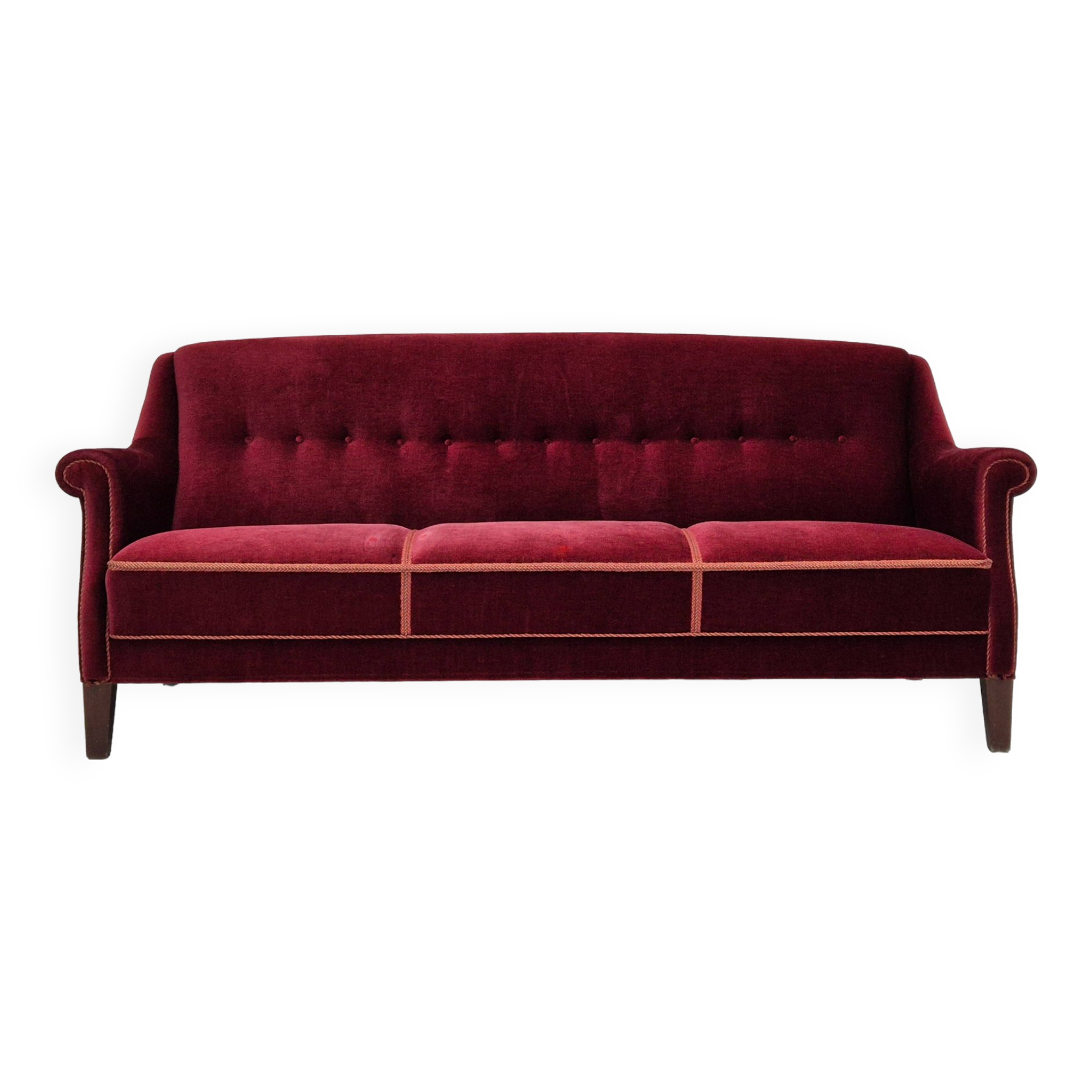 1960s, Danish 3 seater sofa, original good condition, furniture velour, beech wood .