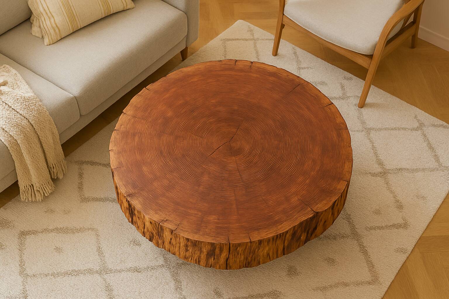 Coffee table made of solid, century-old sequoia, treated and oiled