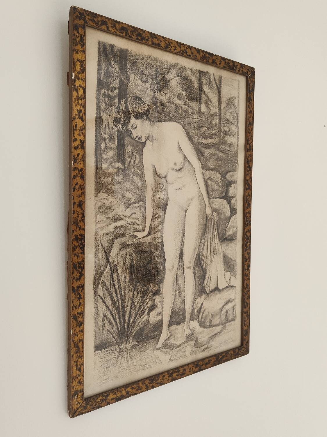 Fusain Femme nue estampe encadrée