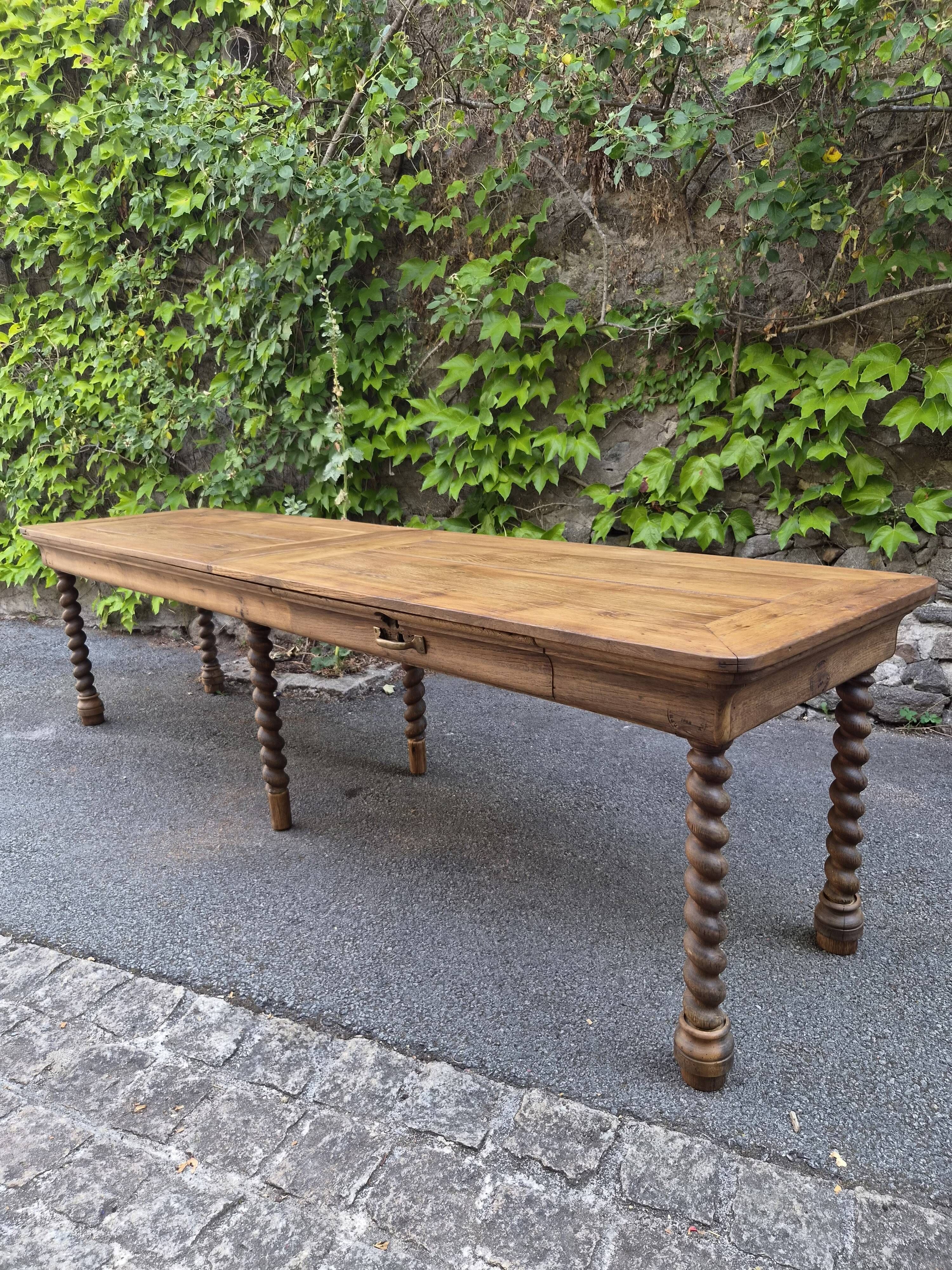 Antique French draper's table in oak, shop counter, work table, 6 feet, circa 1750–1850.