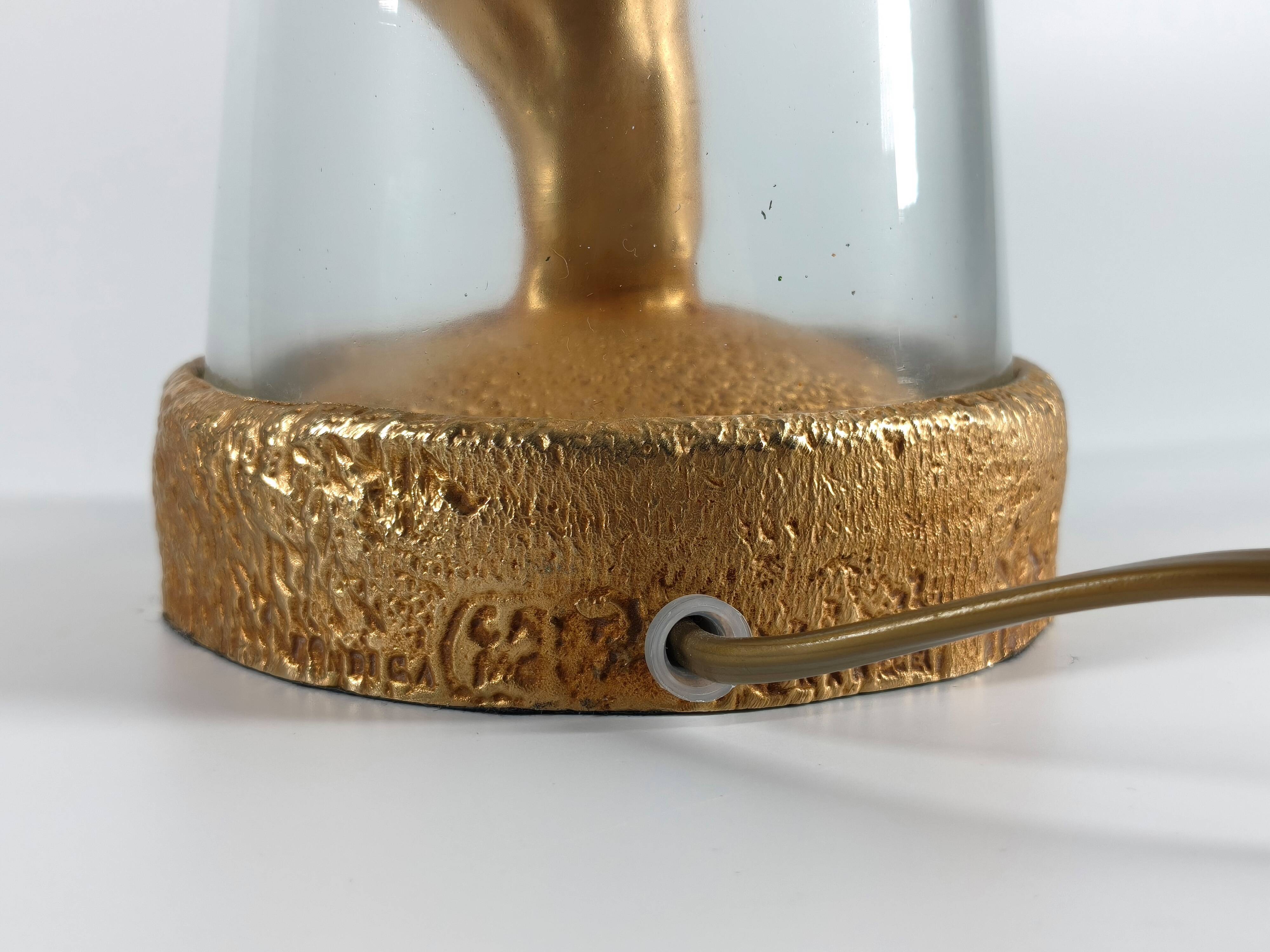 Vintage lamp base signed Pierre Casenove, gilded bronze, glass, 1970s.