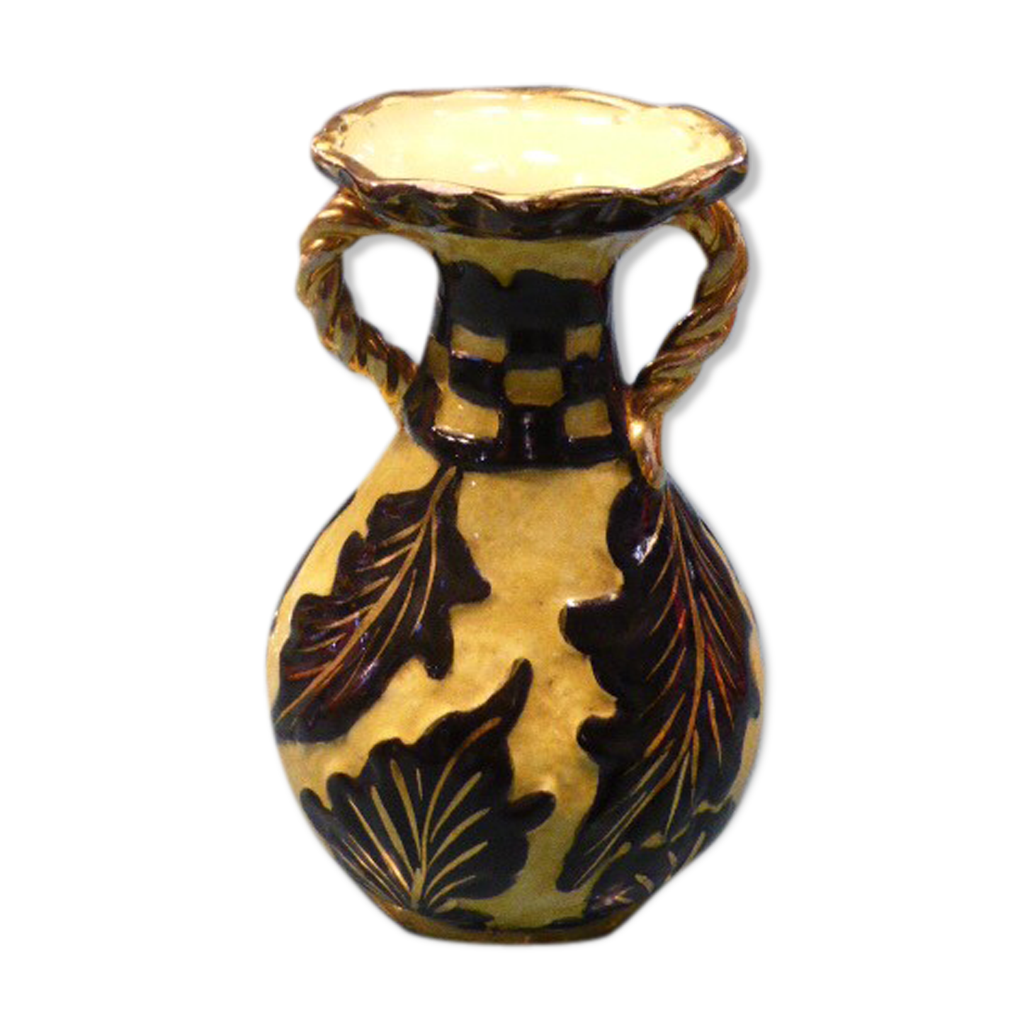Vase amphora, stamped Vallauris, enamelled ceramic with decorations of black foliage on yellow background, vintage 1950
