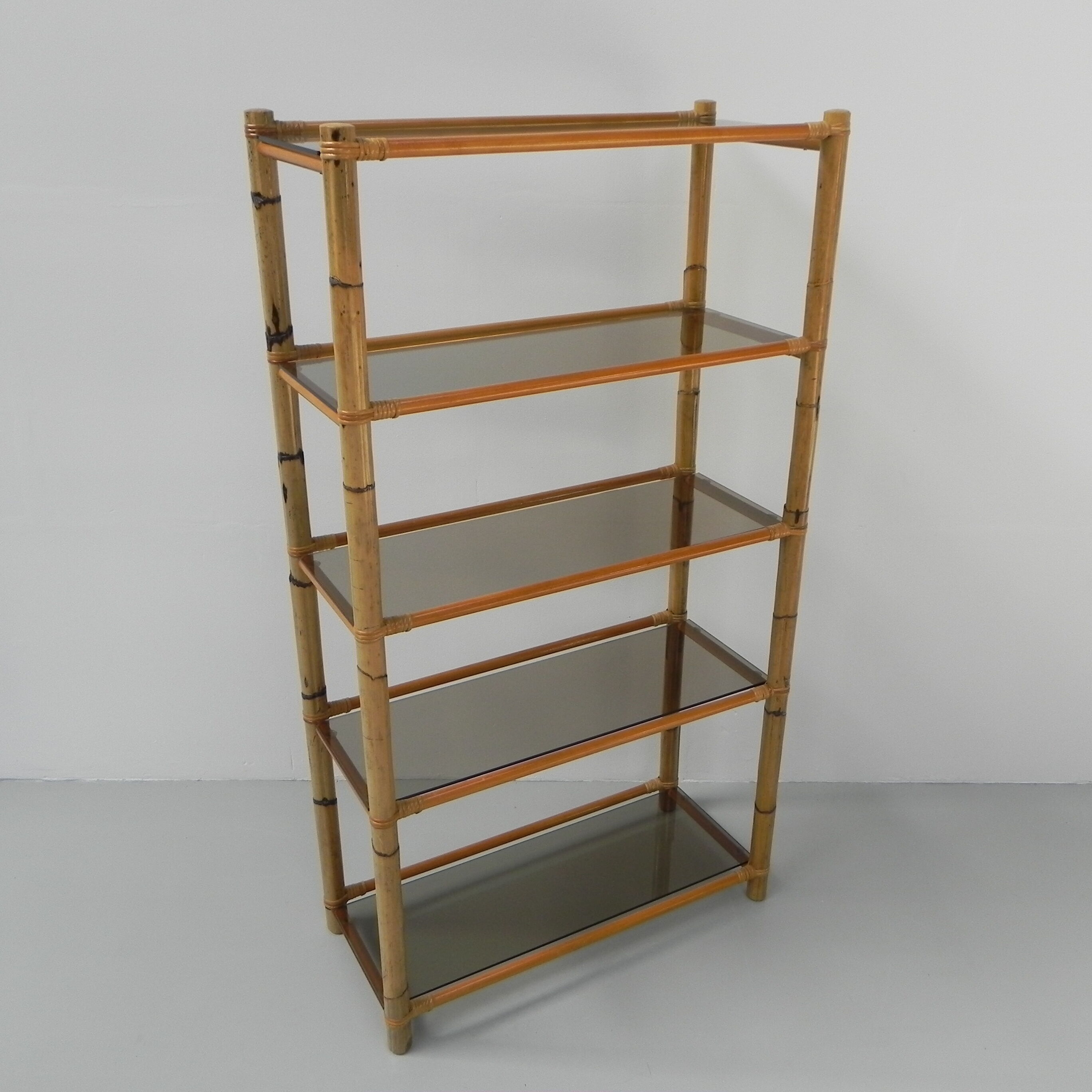 Bamboo display cabinet with 5 smoked glass shelves