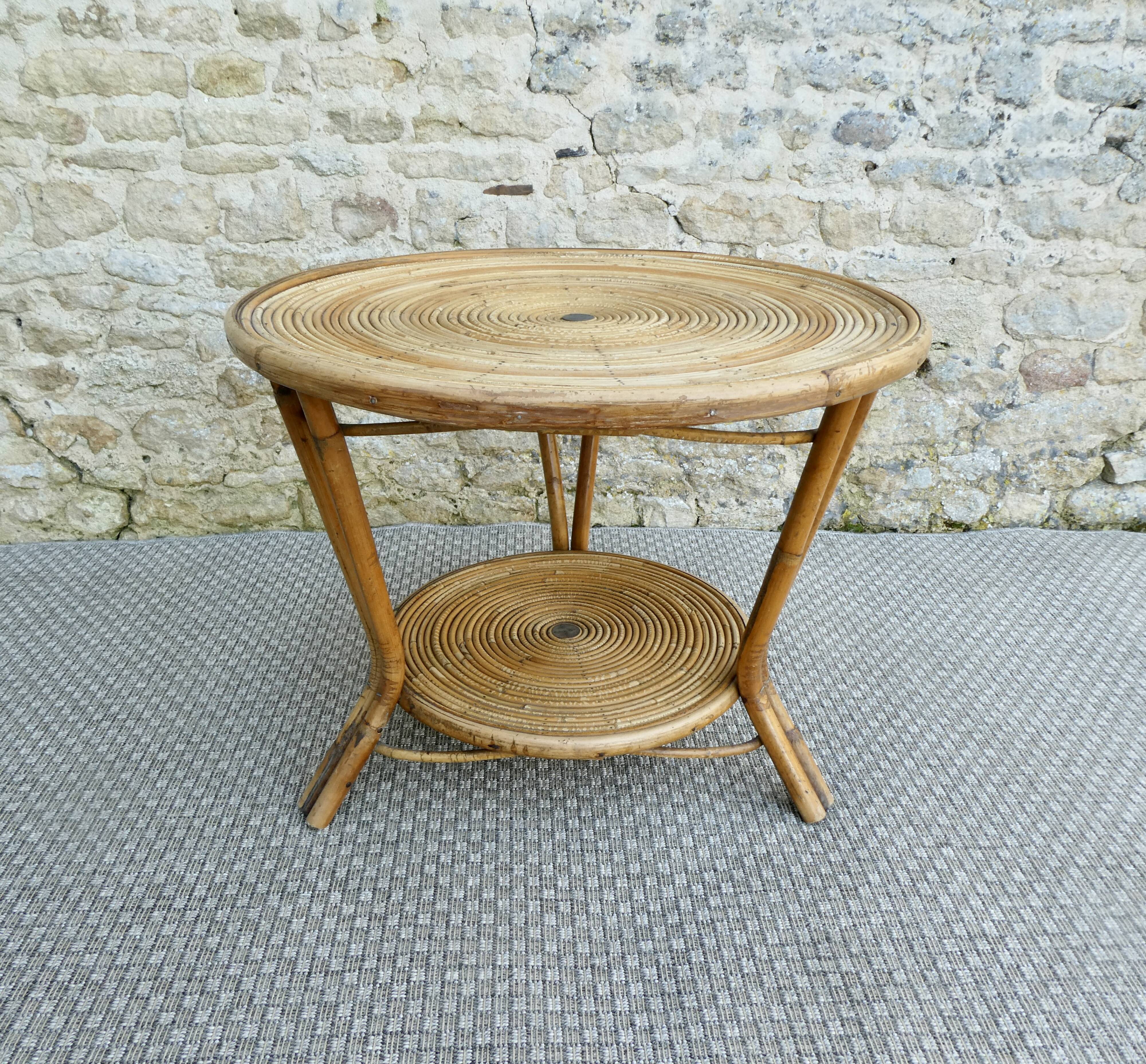 Rattan coffee table, tripod, with double top, 1960s