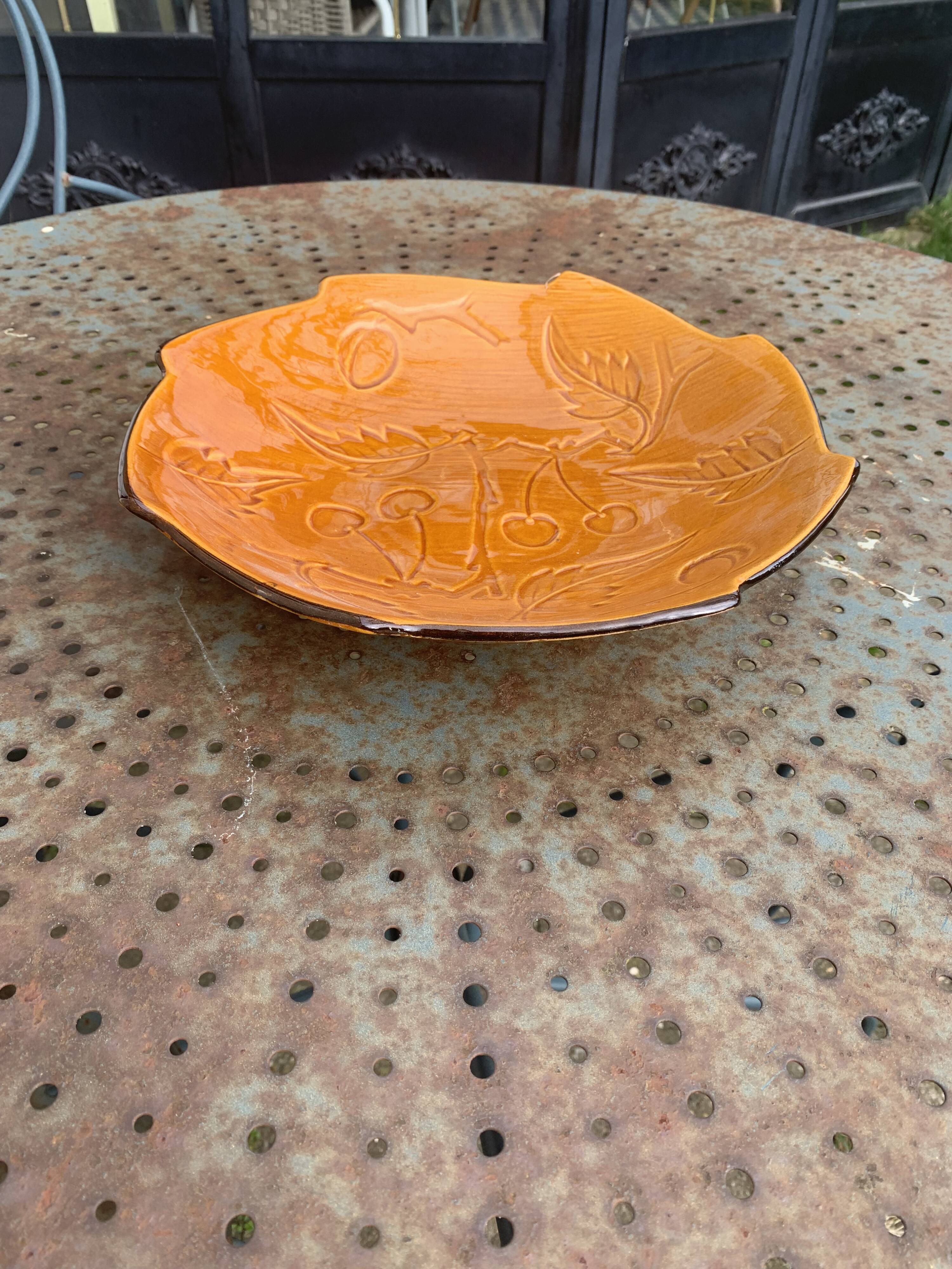 Enameled ceramic fruit bowl signed POET LAVAL, Drome France, with summer fruits