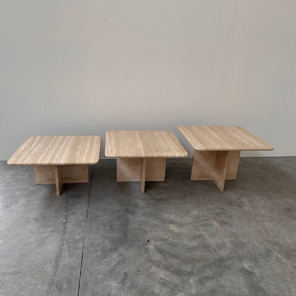 Set of three Italian travertine nesting / side tables, 1970s–1980s
