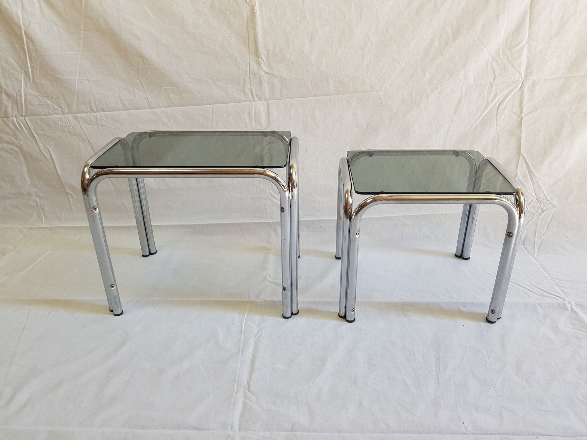 Tables chrome steel and glass smoked 70s
