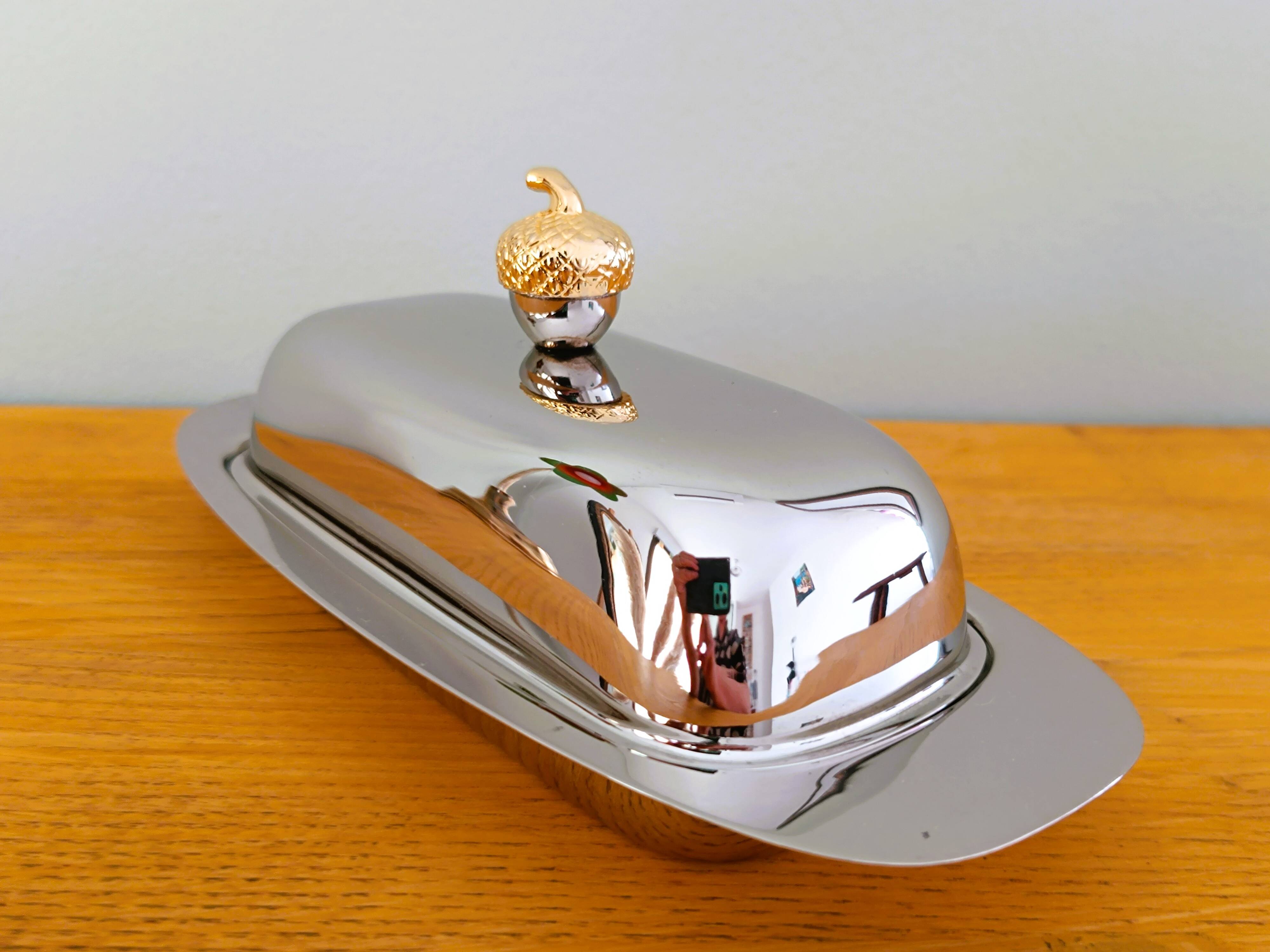 Silver metal butter dish