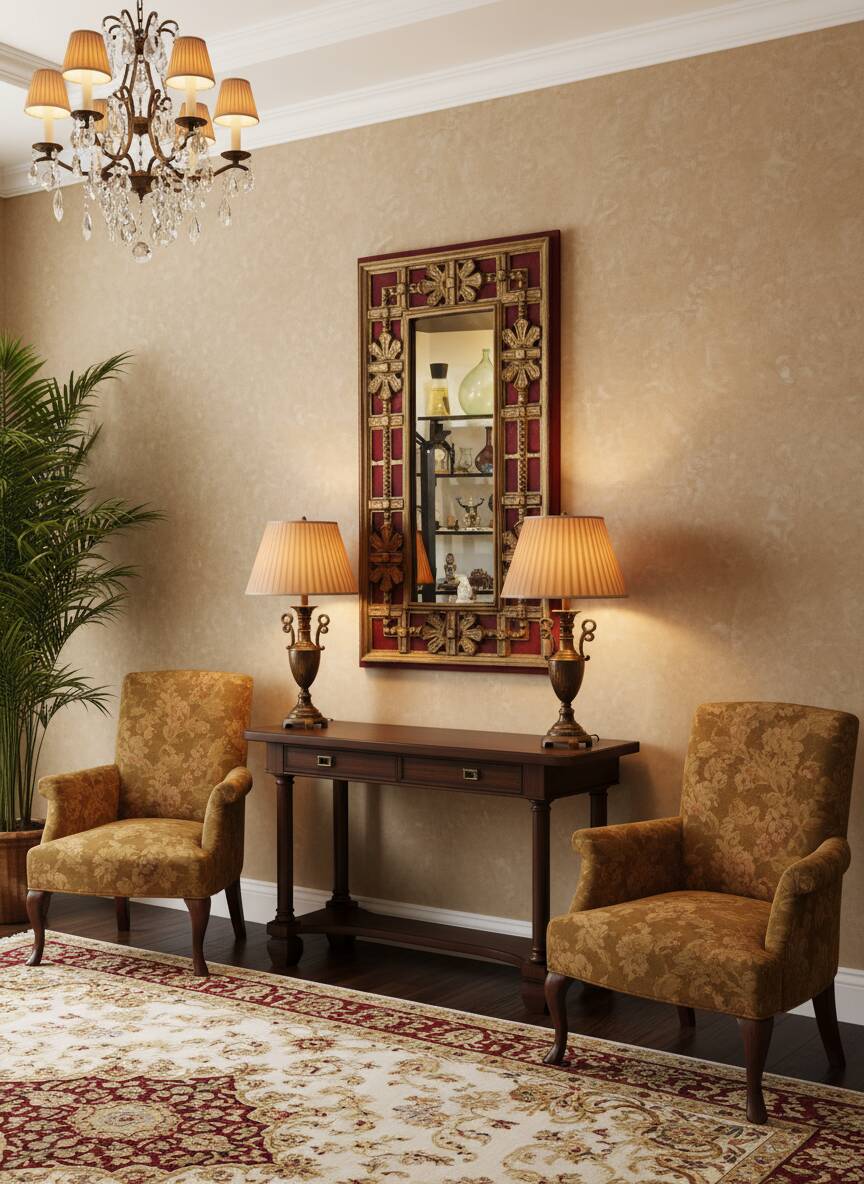 miroir mural Palladio, Italie, 1970 – Décor rouge et dorure patinée