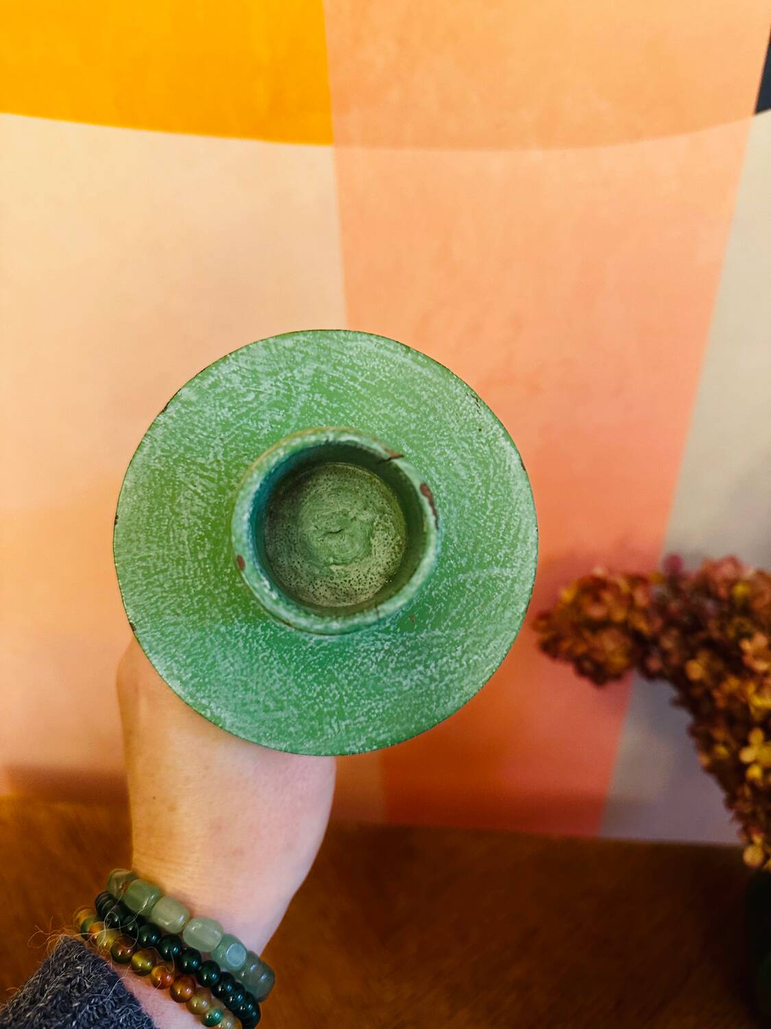 Vintage green wooden candle holder