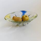 Large Murano Glass Bowl in Clear with Blue & Yellow Swirls – Oval Vintage Italian Design (1970s)
