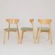 Set of 6 modern dining chairs, sage fabric and natural beech wood.