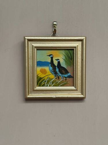 Mid-Century Oil on Panel – “ Birds” by Unknown, Vintage & Framed 11 × 11 cm