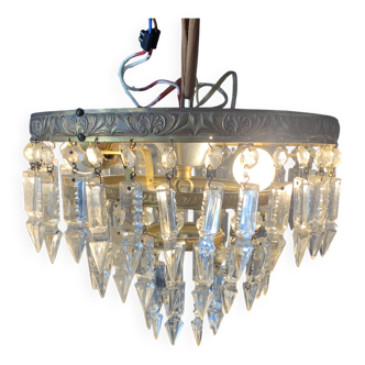 Plafonnier à 3 rangées de cristal, 1950