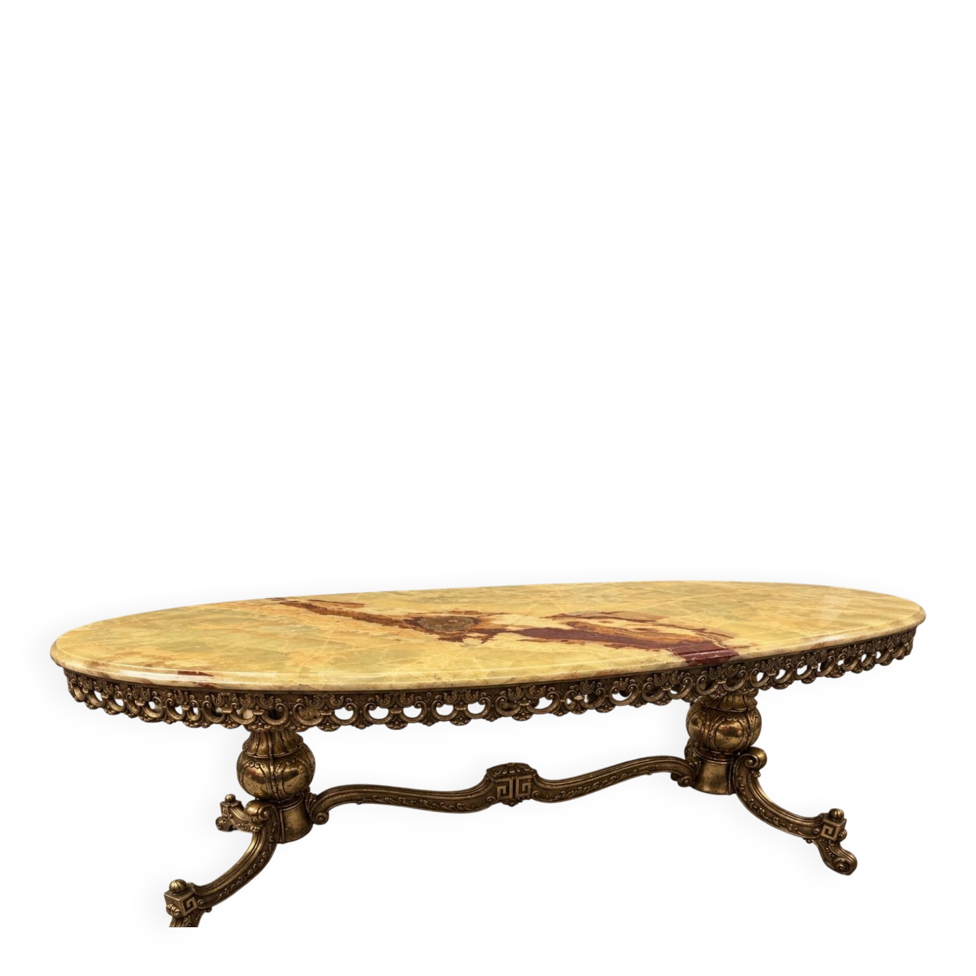 Large oval coffee table in yellow marble and gold metal, classic style.