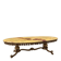 Large oval coffee table in yellow marble and gold metal, classic style.