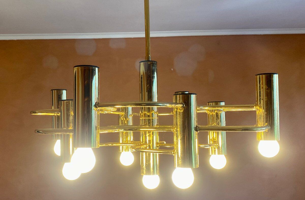 Golden chandelier 9 fires from Sciolari Italy 1960