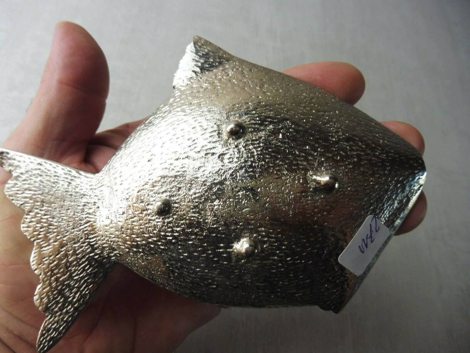 Old ashtray in silver metal, fish shape, vintage