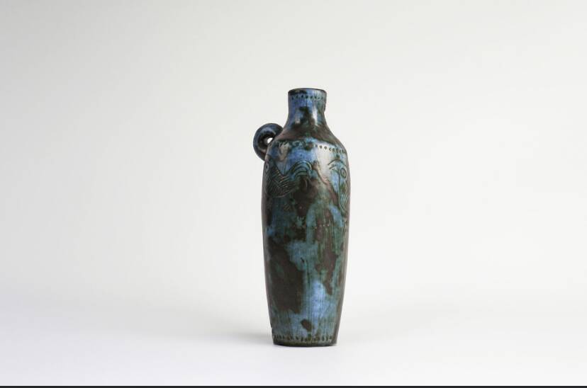 Jacques BLIN (1920-1995) - Amphora-shaped vase, in blue enameled earthenware, decorated
