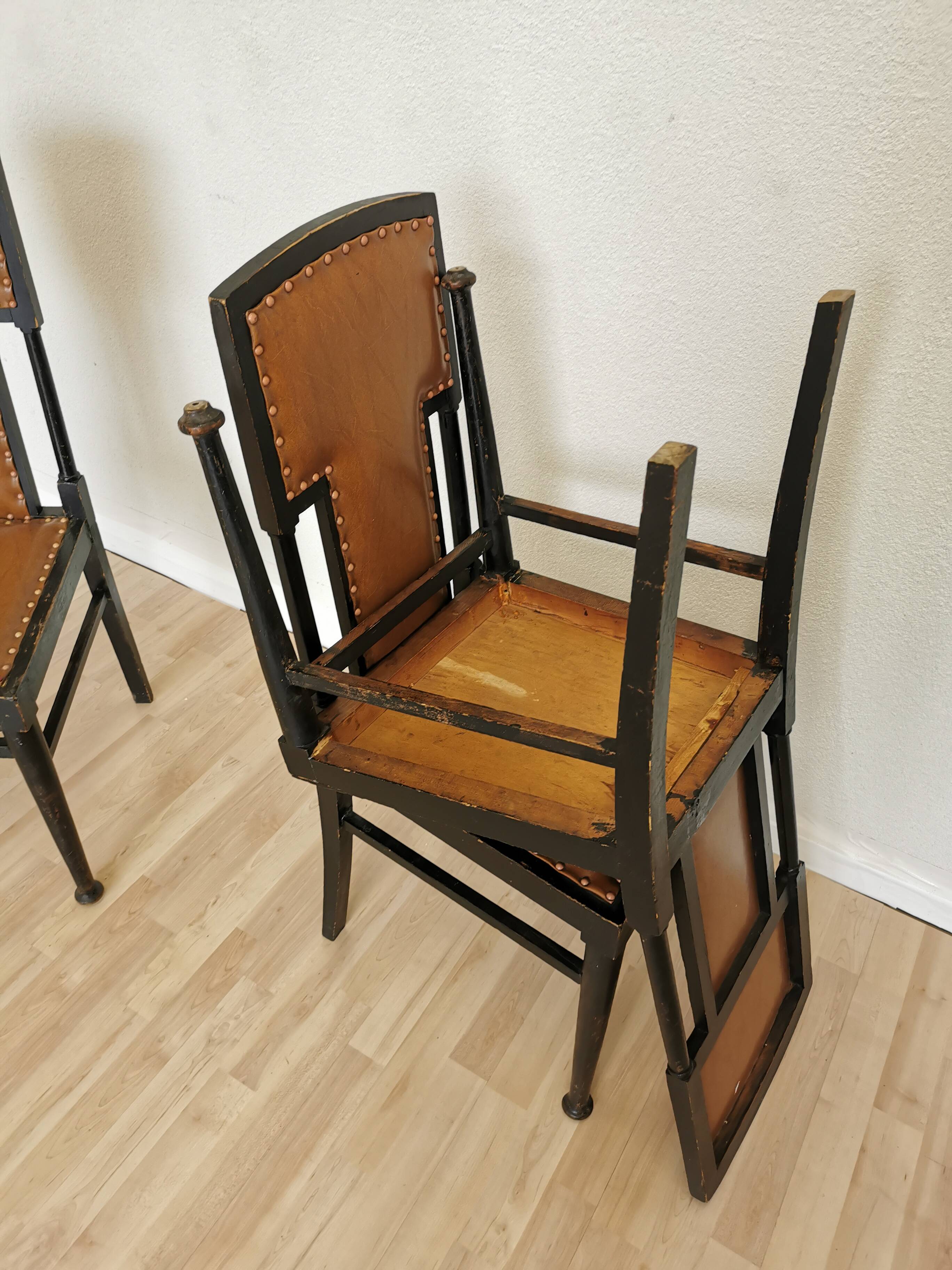 Set of 3 Vintage Dining Chairs: High Back, Leather Seat, Nailhead Trim