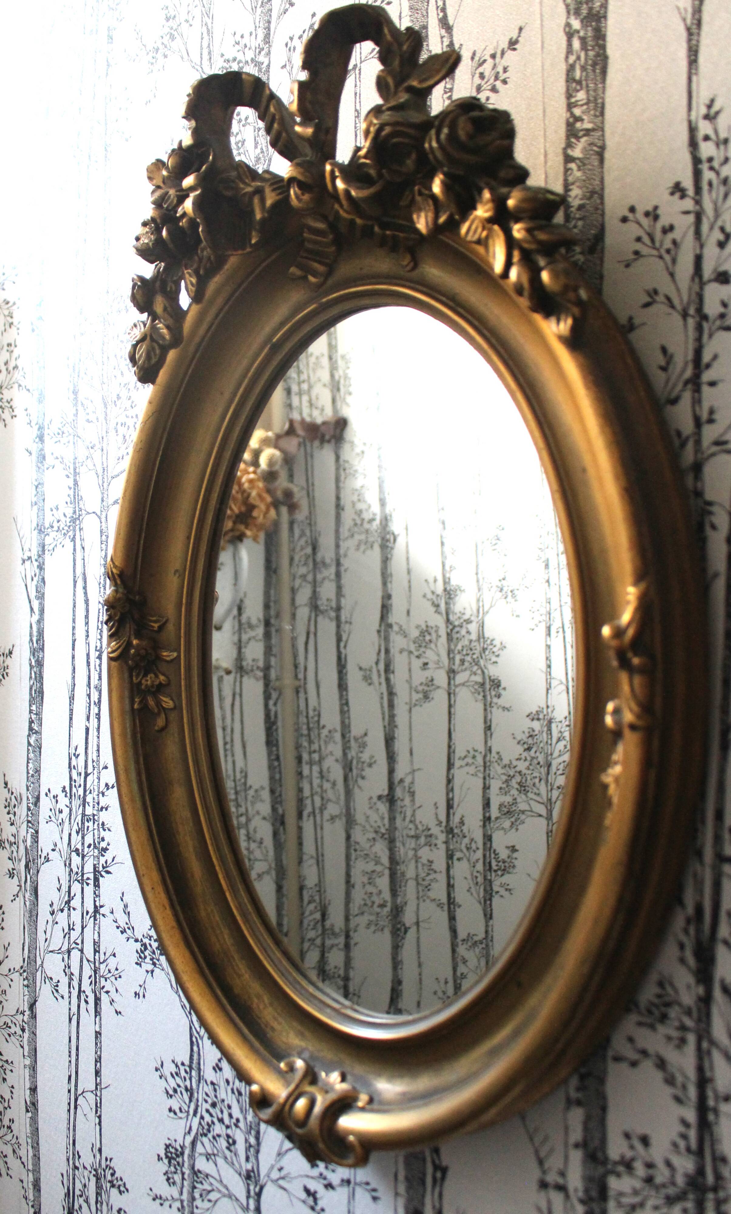 Golden Oval Mirror with Bow and Roses Decor