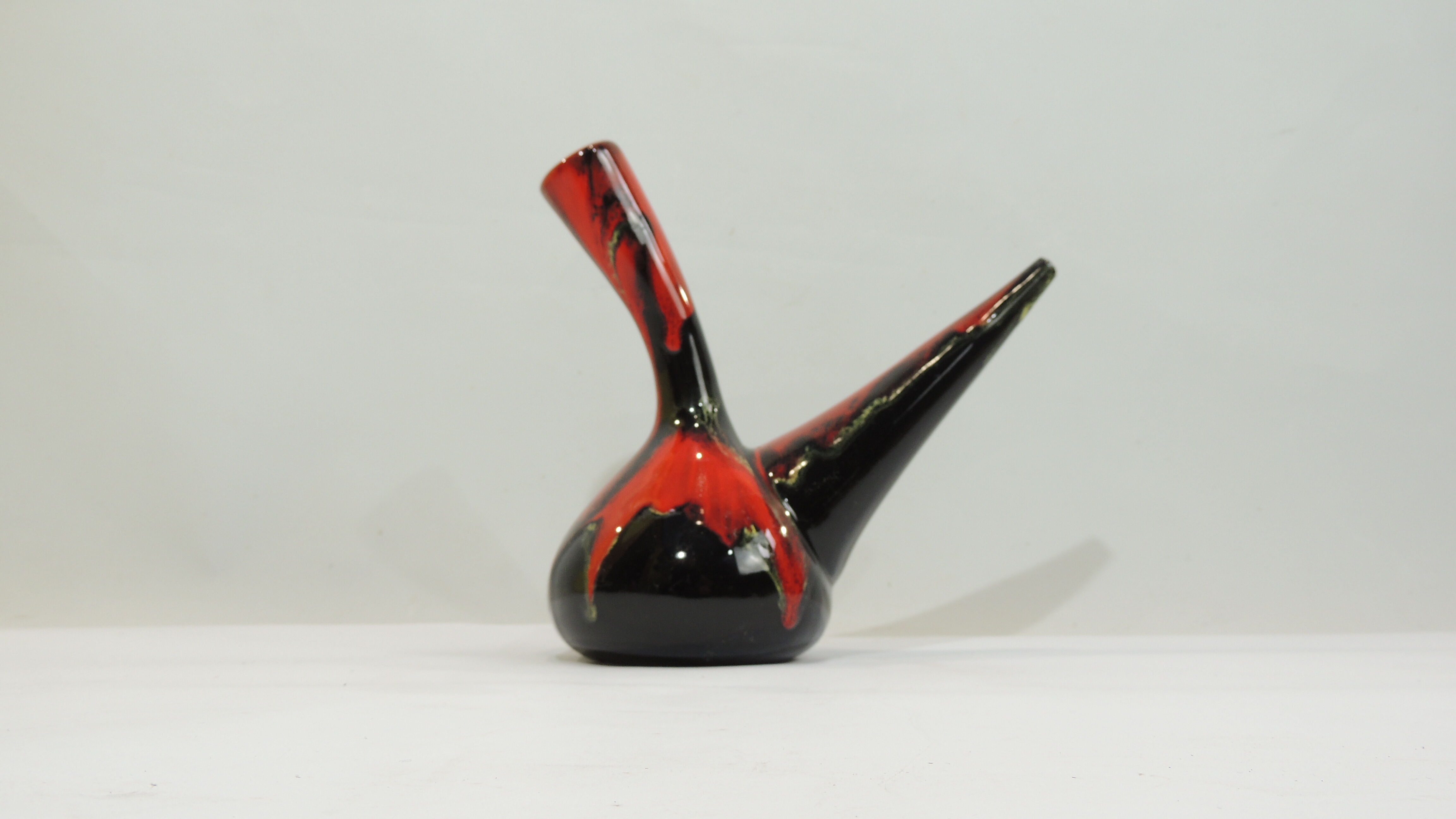 Glazed ceramic porron / Mid-century oil vase from Perpignan France black red and jau