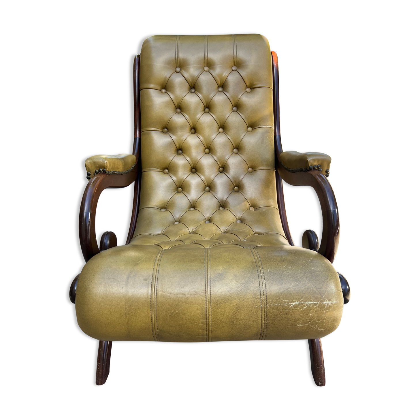 Victoria style green leather chesterfield armchair