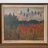 Peinture à l’huile de paysage vintage suédoise « Récolte d’automne » moderne du milieu du siècle, encadrée