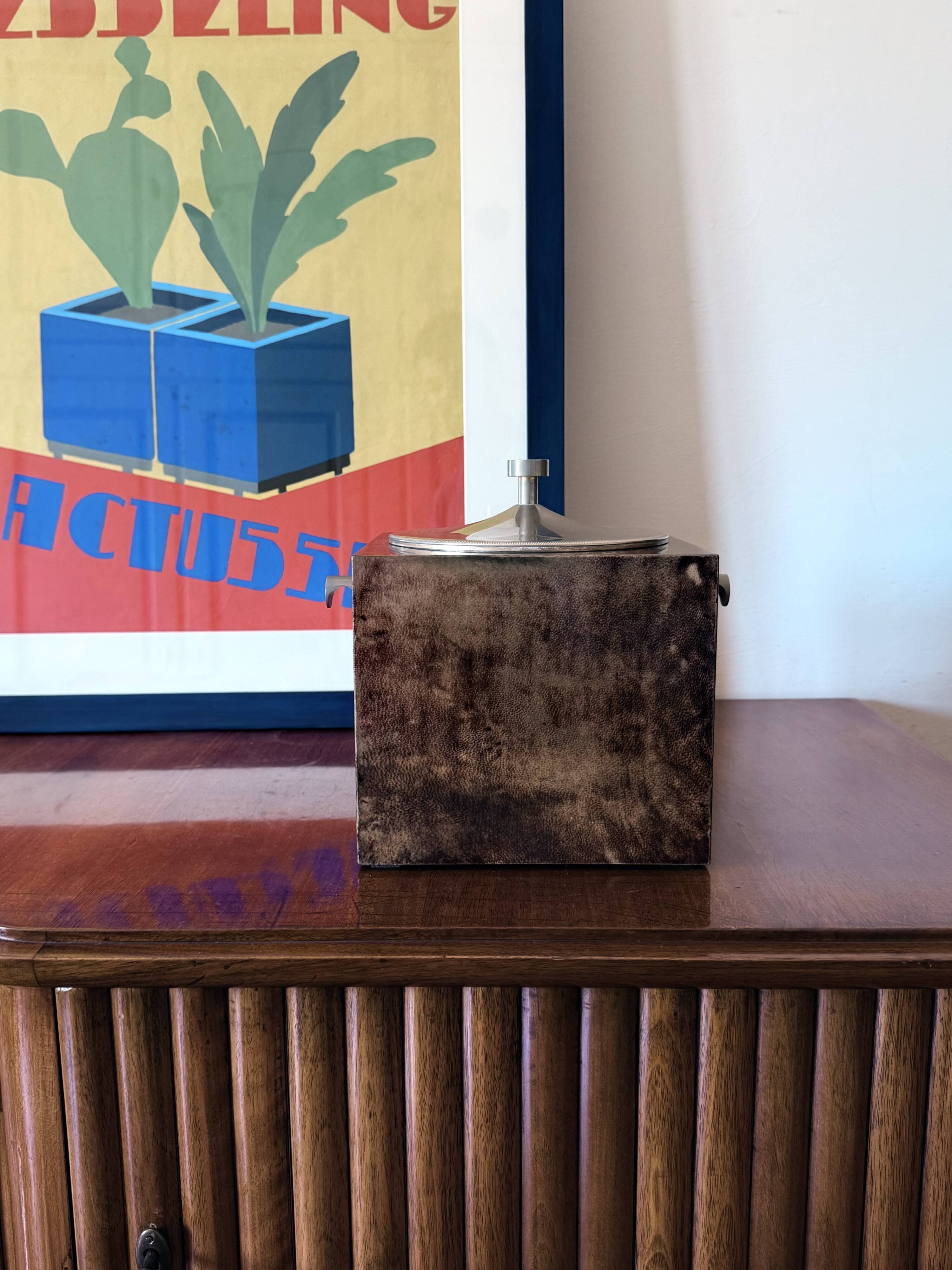 Mid-century brown parchment ice bucket, Aldo Tura Italy 1950s