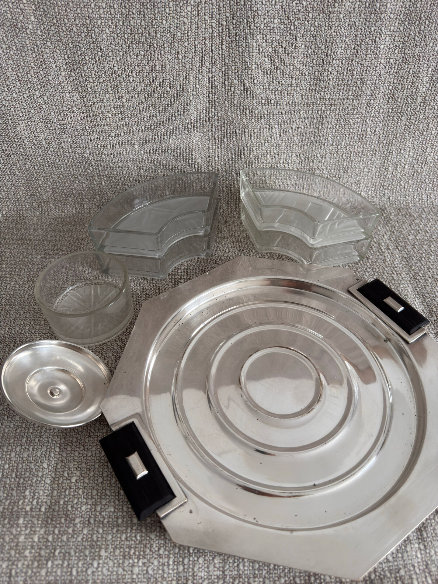 Art Deco silver-plated metal and glass serving platter for appetizers.