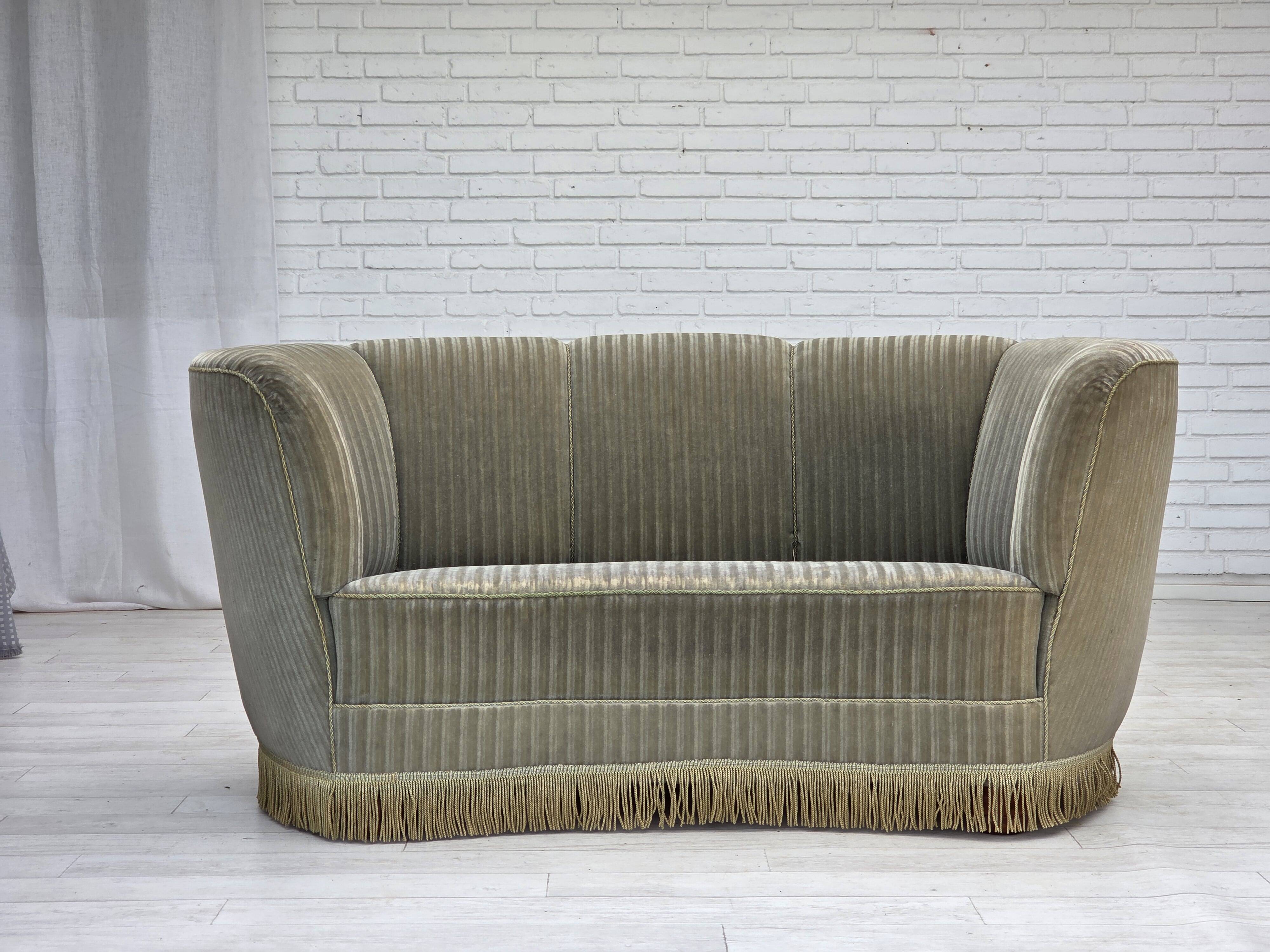 1970s, Danish 2-seater curved sofa, original furniture velour, beech wood.