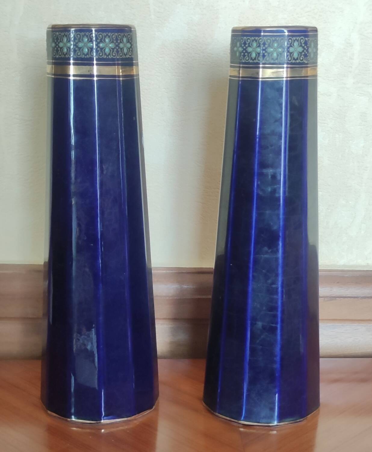 Pair of old vases/enameled decoration/gustave de bruyne