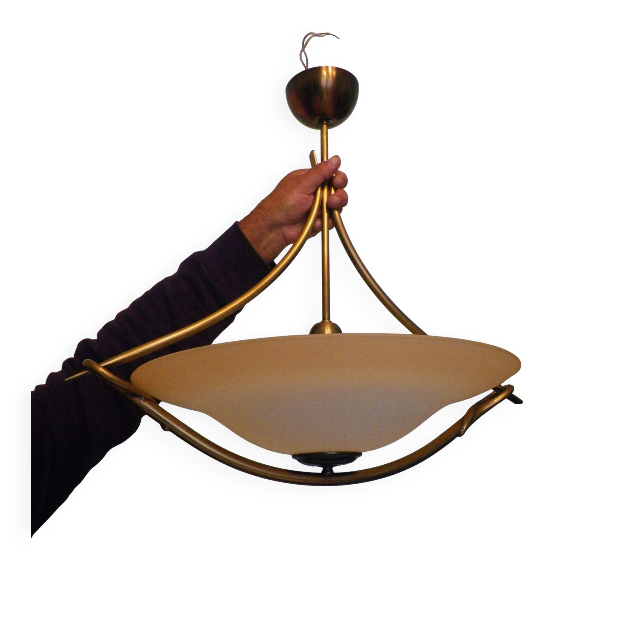 Golden Metal Suspension with Opaque Bowl Shade, 1980s