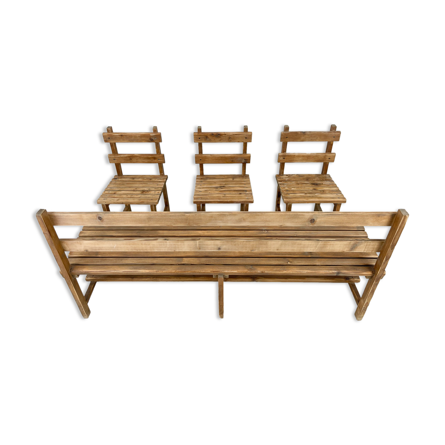 Vintage Wooden Dining Set of Bench & 3 Chairs